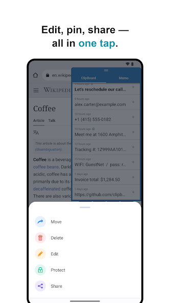 条目操作菜单：Move、Delete、Edit、Protect、Share